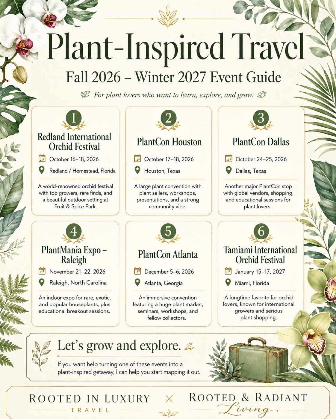 Illustrated event guide listing six plant festivals and expos for Fall 2026 through Winter 2027