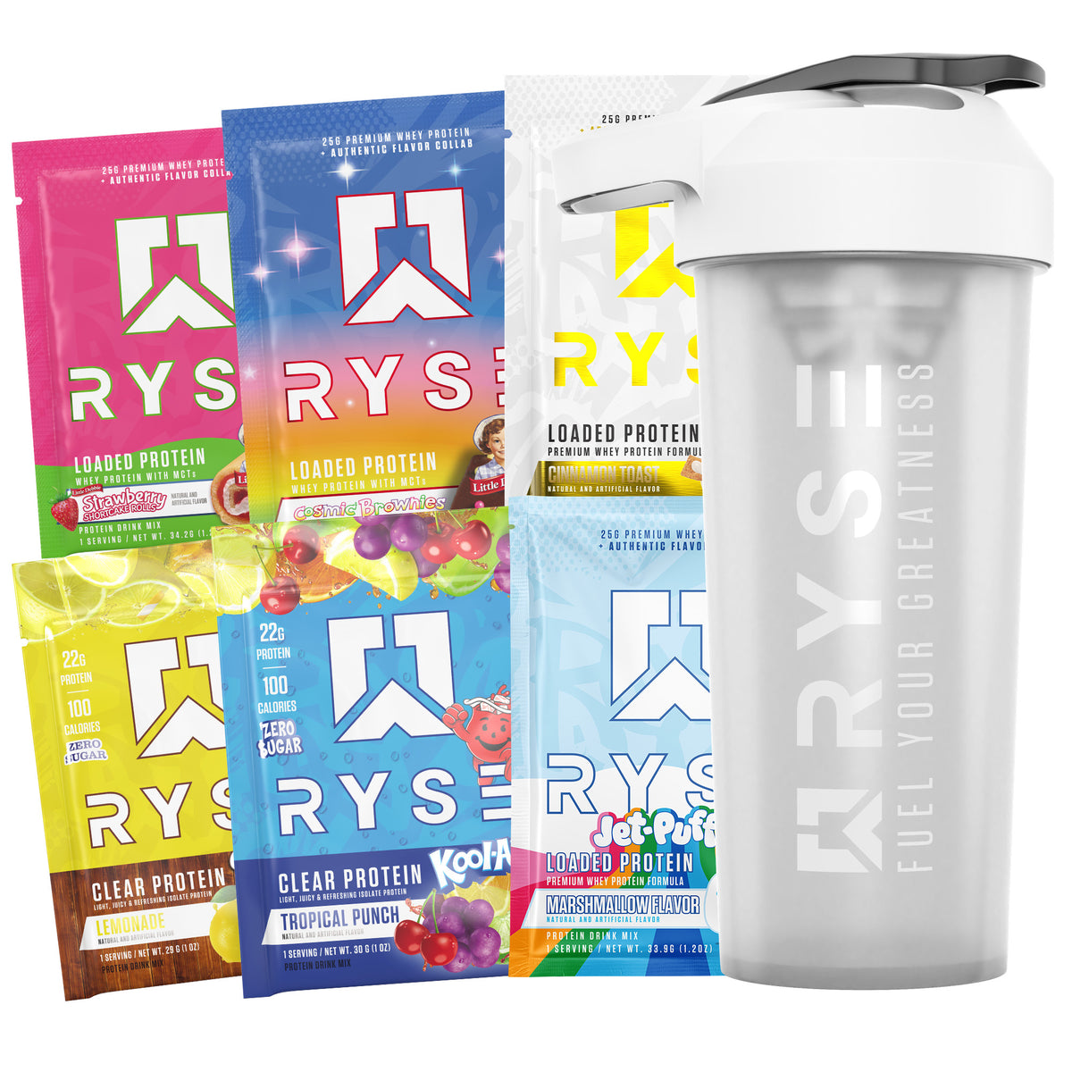 RYSE Build Your Own Protein 6-Pack sample packets with a clear RYSE shaker bottle