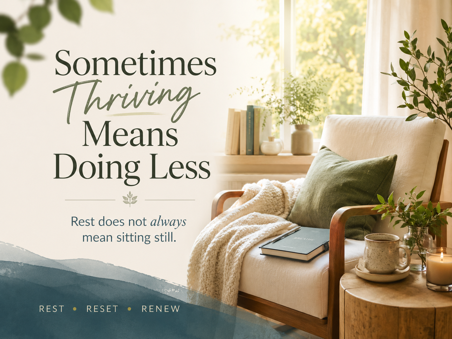 Cozy reading nook with a cream chair, green pillow, knit blanket, candle, and plants by a sunny window — Sometimes Thriving Means Doing Less