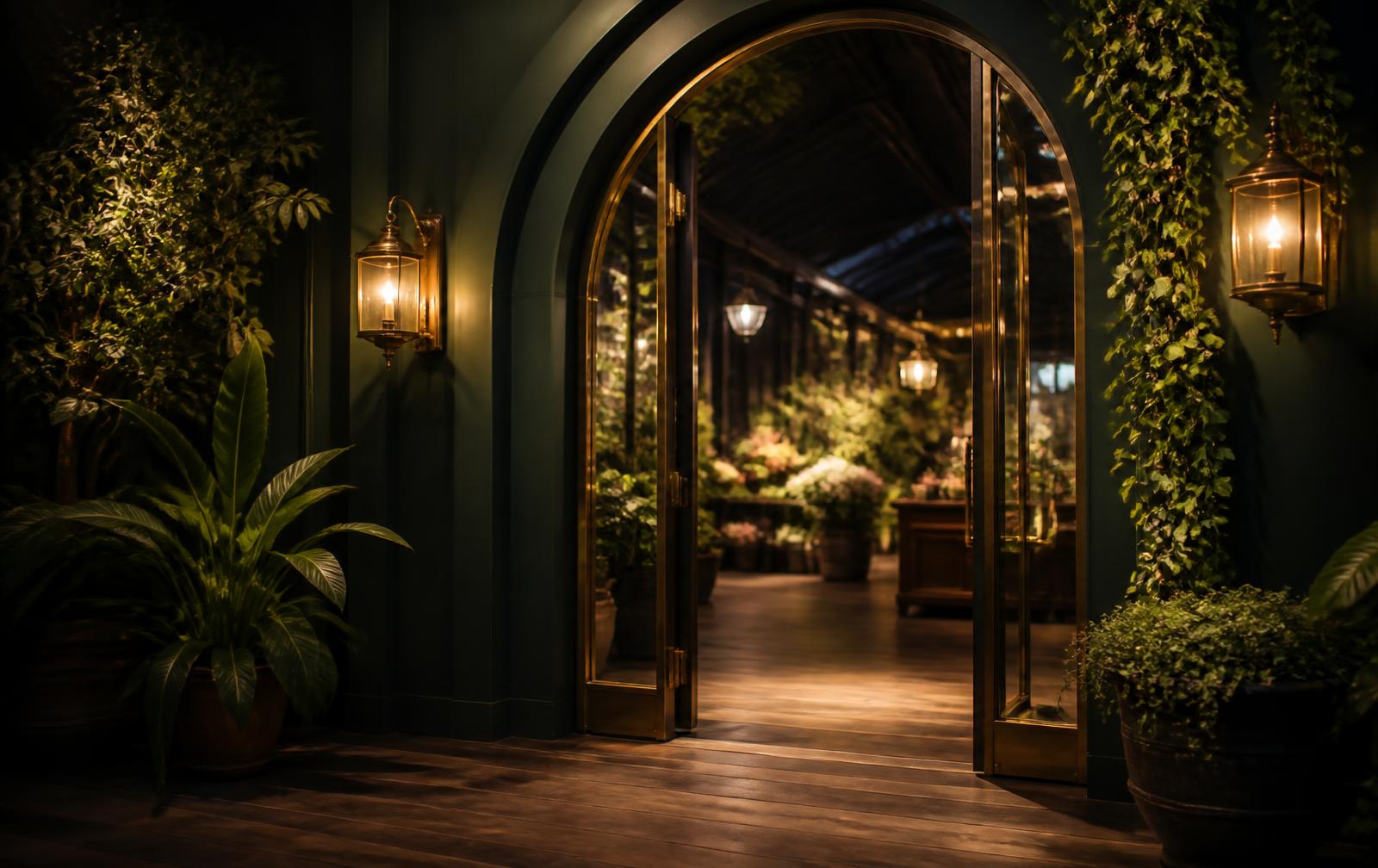 Arched brass and dark green conservatory doorway opening into a lantern-lit plant market