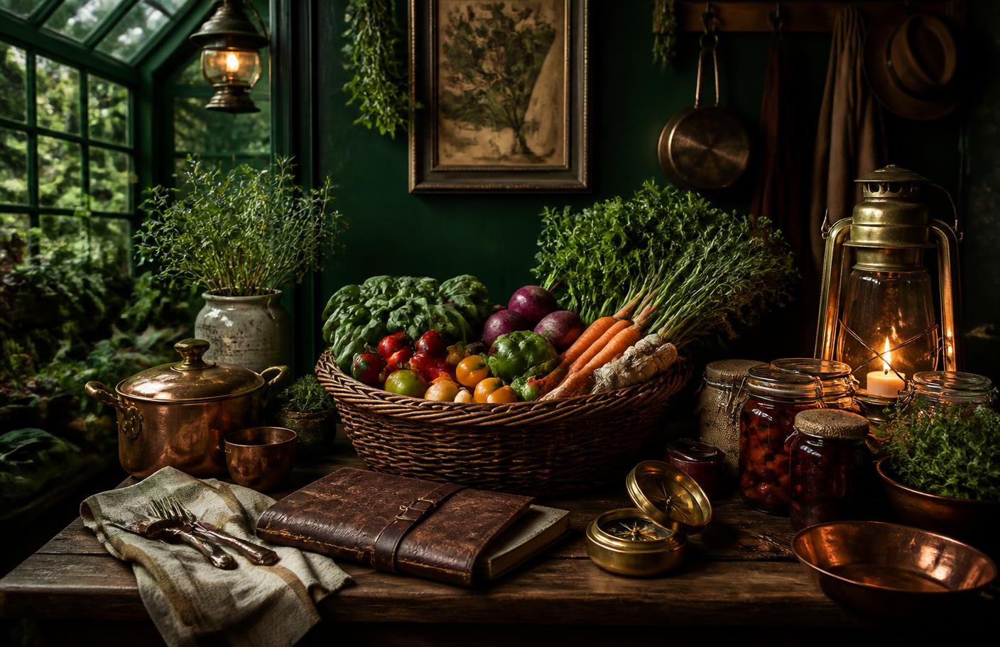 Walnut table with a harvest basket of vegetables, copper cookware, a leather journal, and a brass lantern