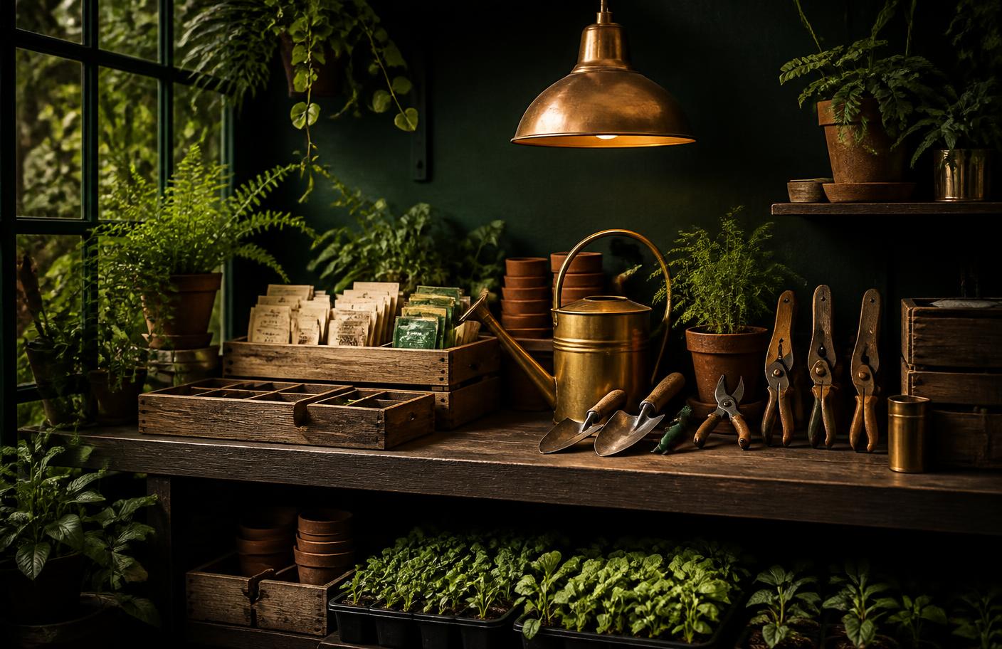 Garden market bench with wooden seed crates, terracotta pots, a brass watering can, and seedling trays under a copper lamp