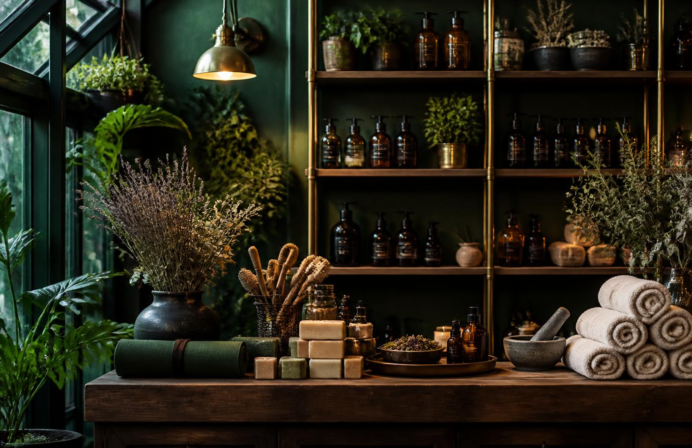 Brass and walnut shelving holding amber apothecary bottles, linen towels, dried herbs, and a rolled mat